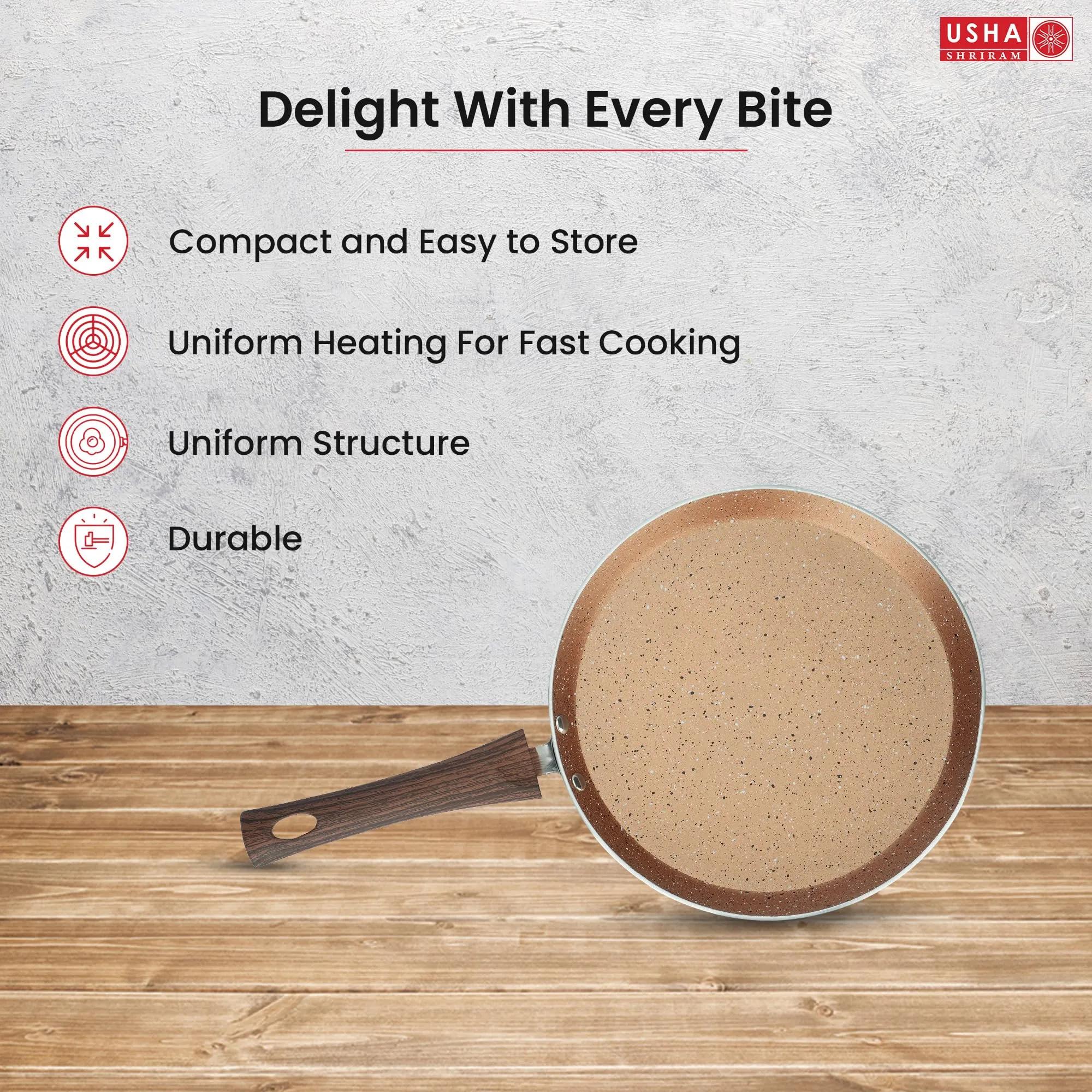 USHA SHRIRAM (24cm Majestic Midnight Non Stick Fry Pan | Saute Pan Gas Cookware | Big Fry Pan | Minimal Oil Cooking | 3 Layer Non Stick Coating | Fish Egg Pan Cake Frying Pan (Golden)