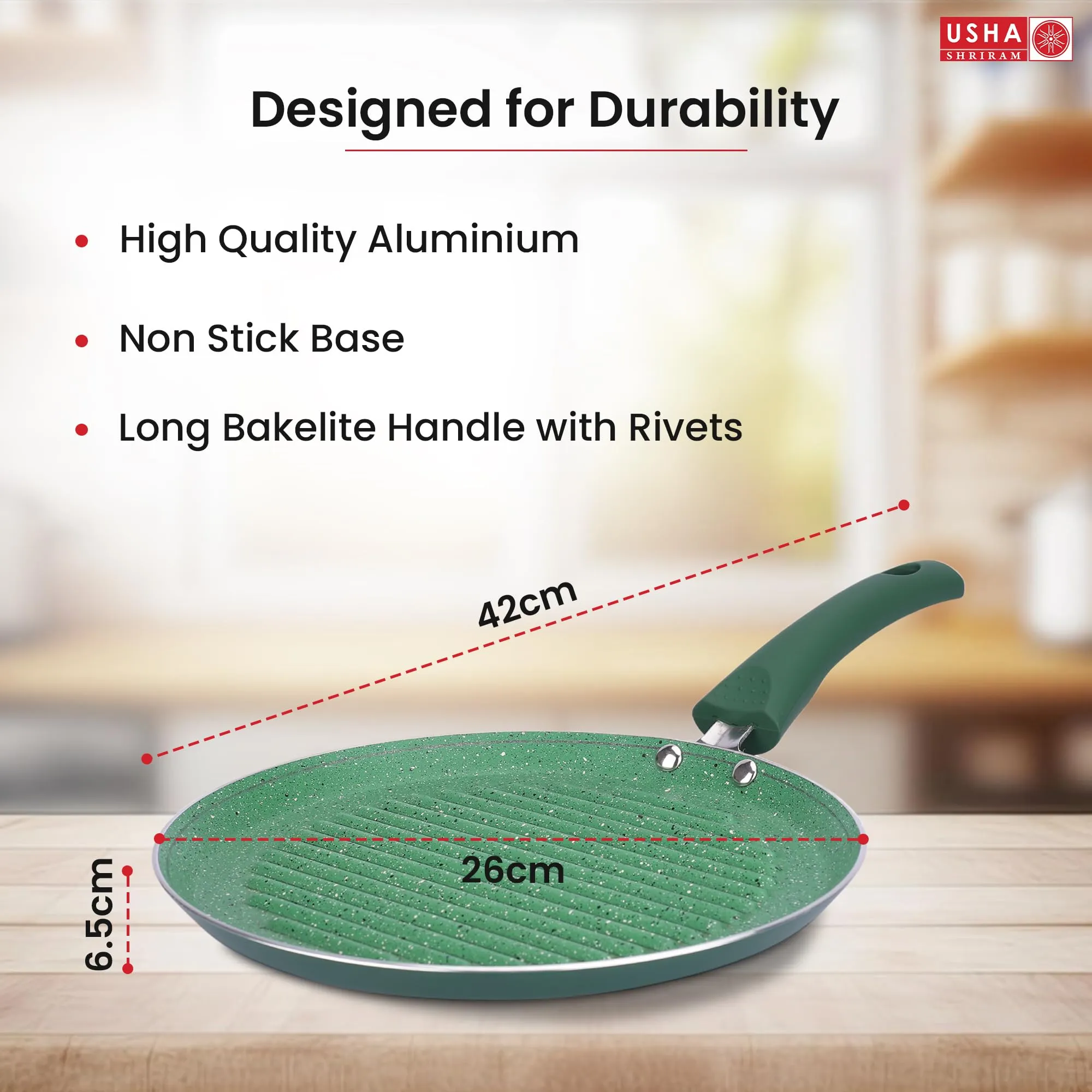 USHA SHRIRAM (25cm Emerald Non Stick Grill Pan (25 cm) | Saute Pan Gas Cookware | Big Grill Pan | Minimal Oil Cooking | Fish Fry Grill Pan | 3 Layer Non Stick Coating | Saute Pan (Green)