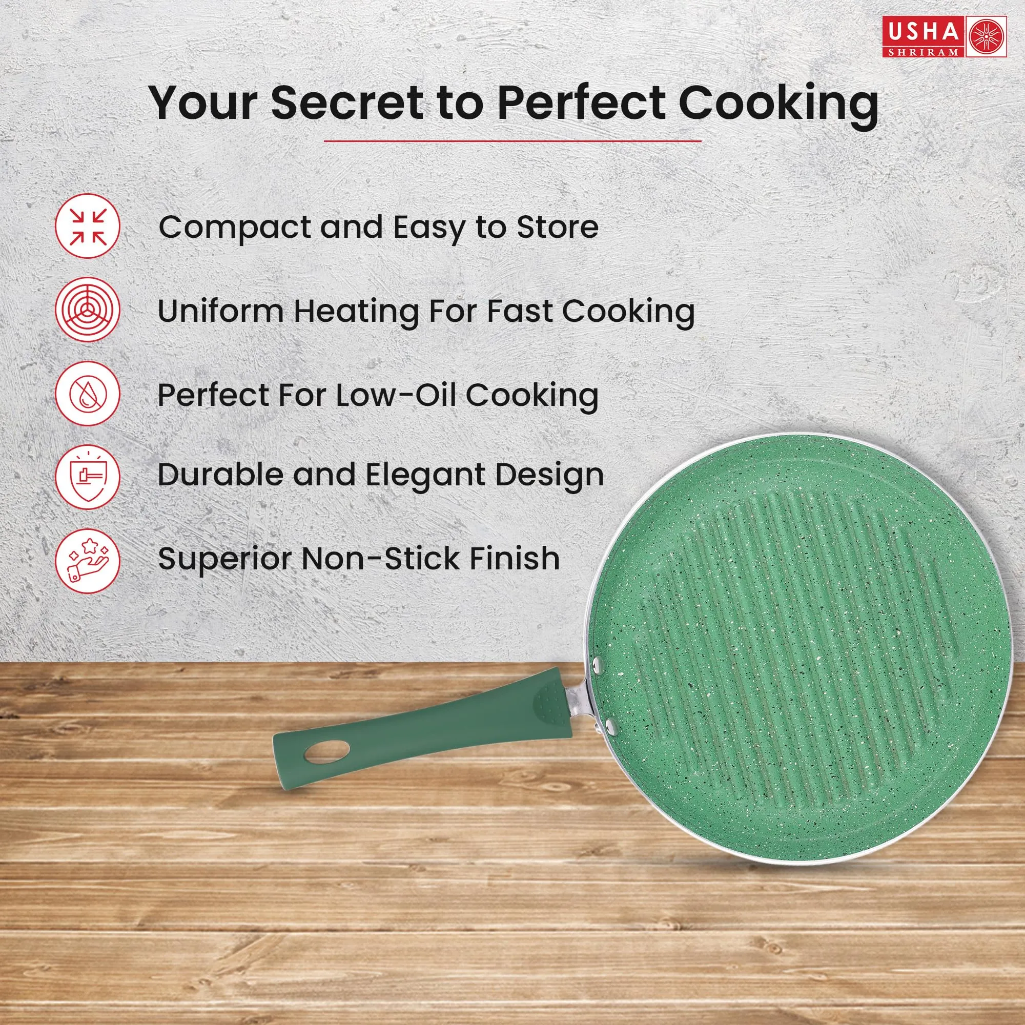 USHA SHRIRAM (25cm Emerald Non Stick Grill Pan (25 cm) | Saute Pan Gas Cookware | Big Grill Pan | Minimal Oil Cooking | Fish Fry Grill Pan | 3 Layer Non Stick Coating | Saute Pan (Green)