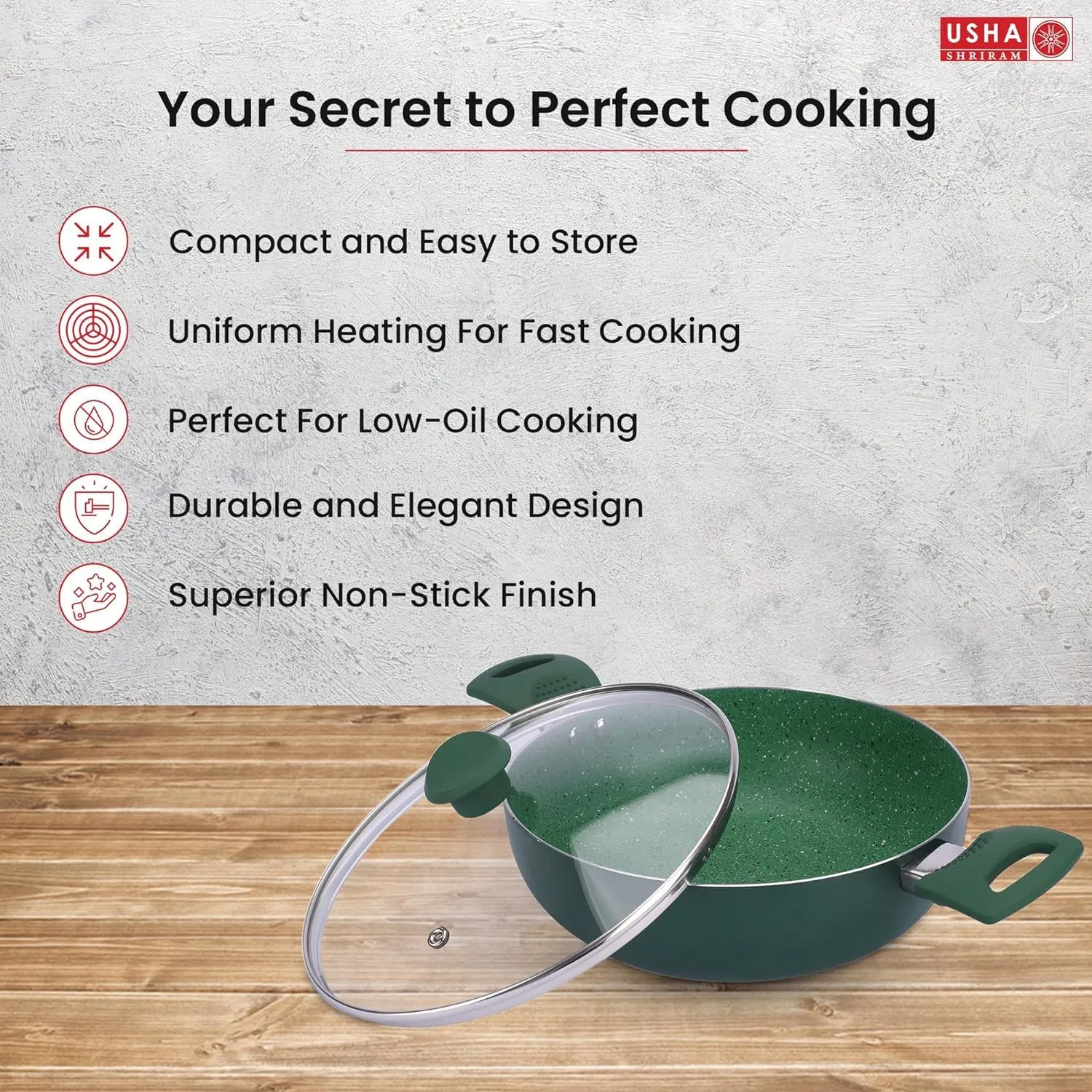 USHA SHRIRAM (3.6L Emerald Non Stick Kadai with Lid | Gas Cookware | Non Stick Cookware | Aluminium Kadai with Lid | Deep Base Kadai | Deep Fry Kadai