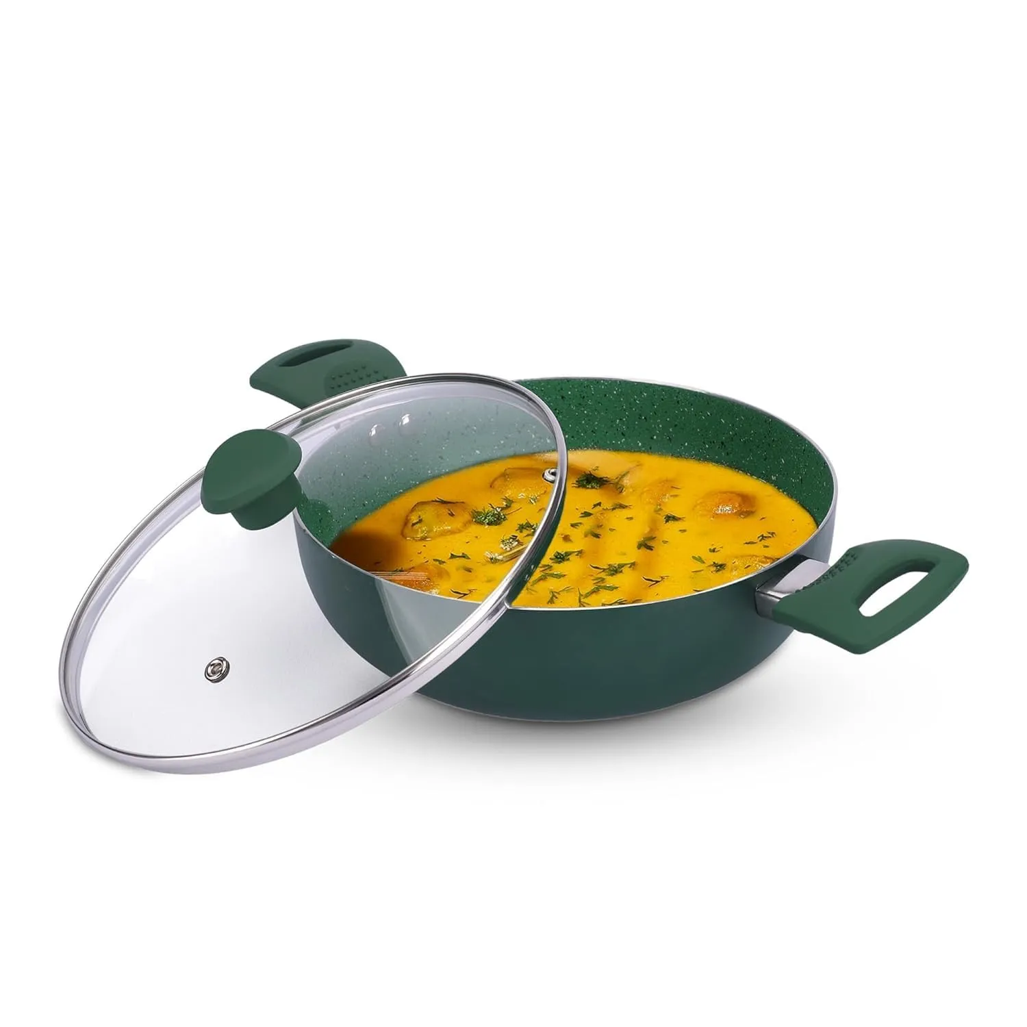 USHA SHRIRAM (3.6L Emerald Non Stick Kadai with Lid | Gas Cookware | Non Stick Cookware | Aluminium Kadai with Lid | Deep Base Kadai | Deep Fry Kadai