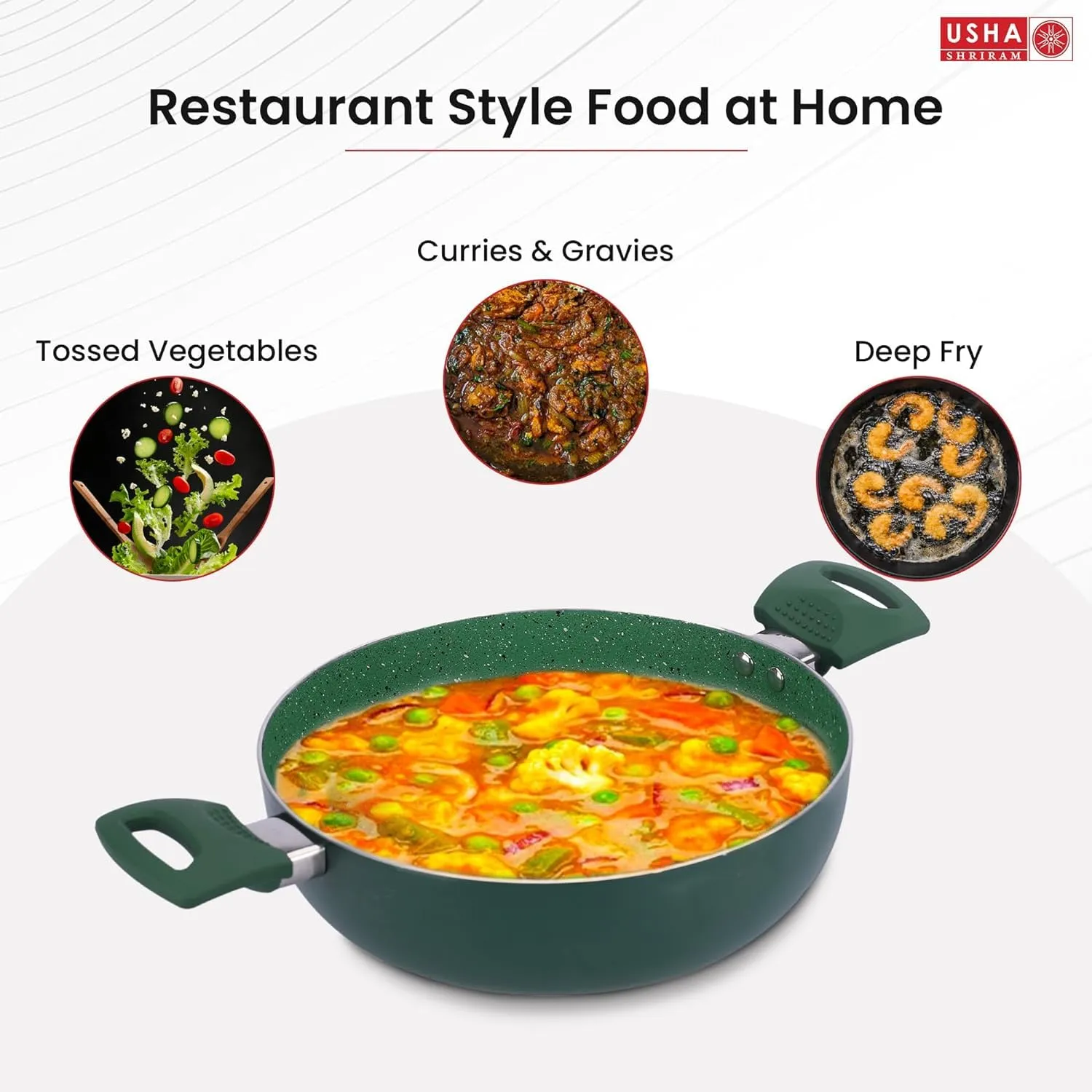 USHA SHRIRAM (3.6L Emerald Non Stick Kadai with Lid | Gas Cookware | Non Stick Cookware | Aluminium Kadai with Lid | Deep Base Kadai | Deep Fry Kadai