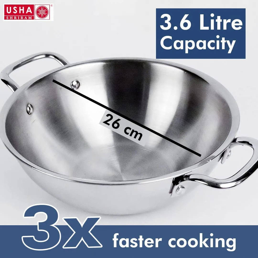 USHA SHRIRAM Triply Stainless Steel Kadai with Lid(1.6L, 2.6L, 3.6L) | Heavy Bottom Kadai | Gas & Induction Cookware | Heat Surround Cooking | Wobble Free Base, Glossy Durable & Easy to Clean (3 Pcs)