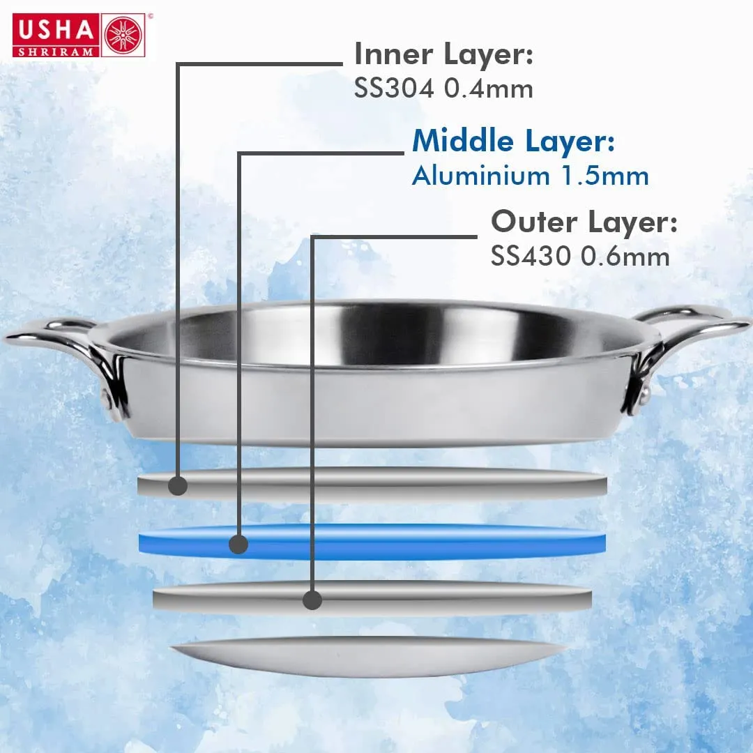 USHA SHRIRAM Triply Stainless Steel Kadai with Lid(1.6L, 2.6L, 3.6L) | Heavy Bottom Kadai | Gas & Induction Cookware | Heat Surround Cooking | Wobble Free Base, Glossy Durable & Easy to Clean (3 Pcs)