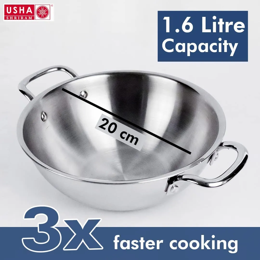 USHA SHRIRAM Triply Stainless Steel Kadai with Lid(1.6L, 2.6L, 3.6L) | Heavy Bottom Kadai | Gas & Induction Cookware | Heat Surround Cooking | Wobble Free Base, Glossy Durable & Easy to Clean (3 Pcs)