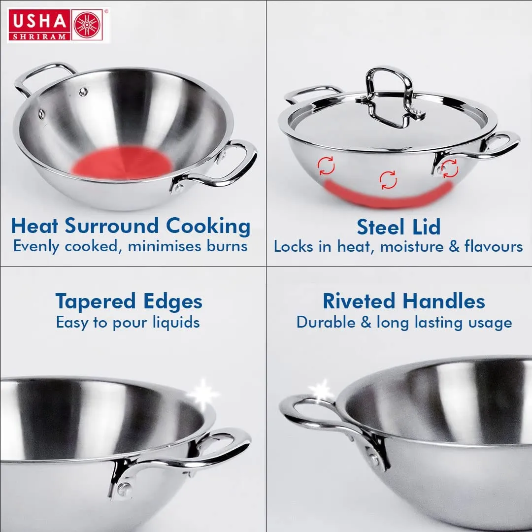 USHA SHRIRAM Triply Stainless Steel Kadai with Lid(1.6L, 2.6L, 3.6L) | Heavy Bottom Kadai | Gas & Induction Cookware | Heat Surround Cooking | Wobble Free Base, Glossy Durable & Easy to Clean (3 Pcs)