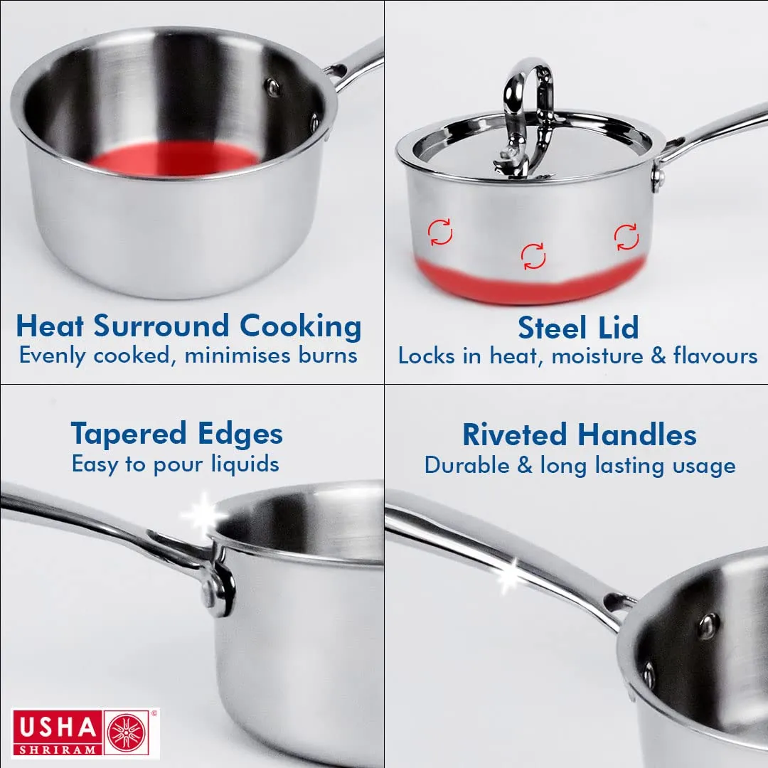 USHA SHRIRAM Triply Stainless Steel Sauce Pan with Lid | Stove & Induction Cookware | Heat Surround Cooking | Easy Grip Handles | Steel Tea & Milk Pan with Handle | Soup Pan (2Pcs - 2.2L, 2.5L)