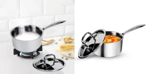 USHA SHRIRAM Triply Stainless Steel Sauce Pan with Lid | Stove & Induction Cookware | Heat Surround Cooking | Easy Grip Handles | Steel Tea & Milk Pan with Handle | Soup Pan (2Pcs - 2.2L, 2.5L)