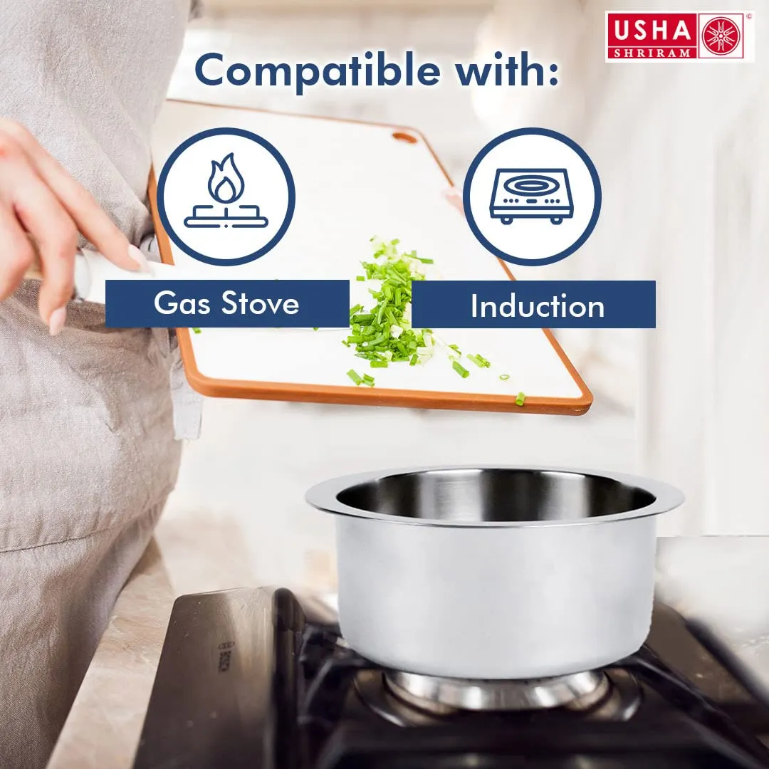 USHA SHRIRAM Triply Stainless Steel Tope (Patila) with Lid | Handi Casserole with lid | 1.5 L | 16 cm Diameter | 100% PTFE and PFOA Free | Gas Stove & Induction Cookware | Stainless Steel Cookware