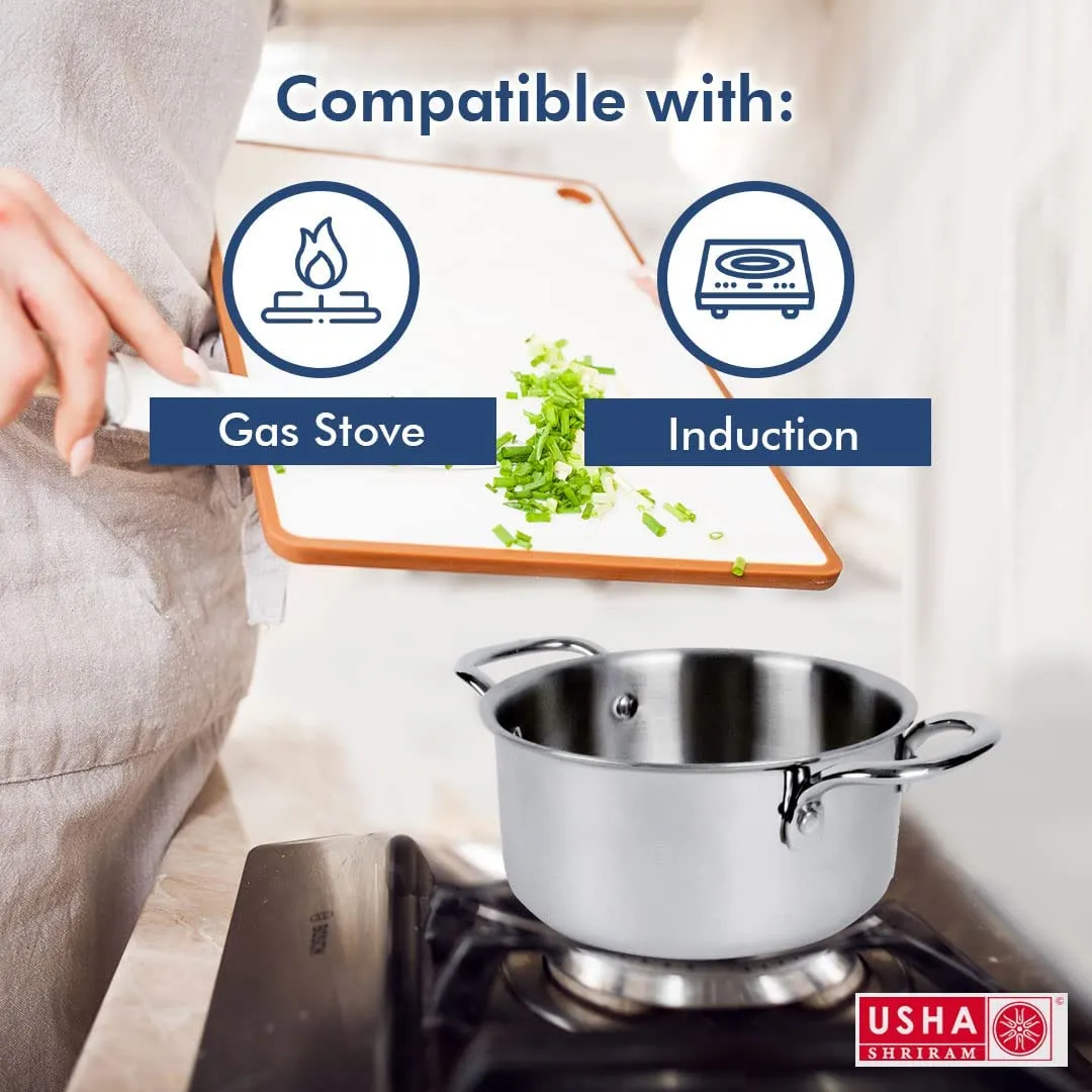 USHA SHRIRAM Triply Stainless Steel Tope with Lid | Handi Casserole with lid | Gas Stove & Induction Cookware | Durable, Non-Toxic | Easy Grip Handle | Heat Surround Cooking (3L)