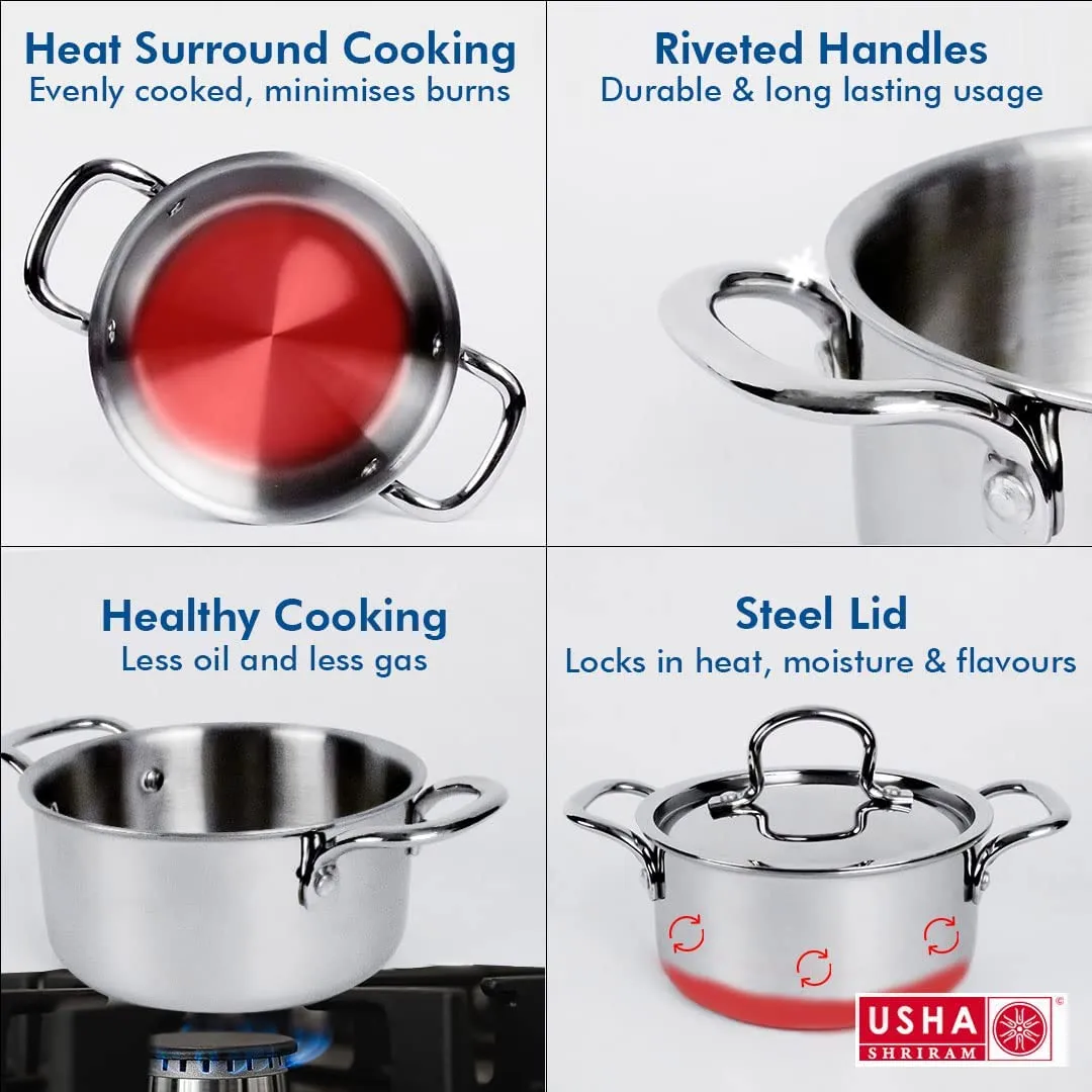 USHA SHRIRAM Triply Stainless Steel Tope with Lid | Handi Casserole with lid | Gas Stove & Induction Cookware | Durable, Non-Toxic | Easy Grip Handle | Heat Surround Cooking (3L)