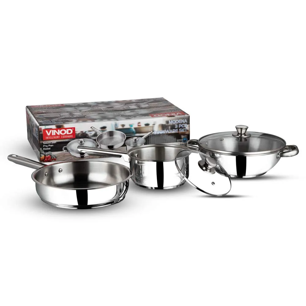 Vinod Modena Stainless Steel Cookware Set of 3 | 2.7 litre Kadhai and 1.5 litre Saucepan with Glass Lid, 24 cm Frypan | Mirror Finish | Induction Base | 2 Year Warranty