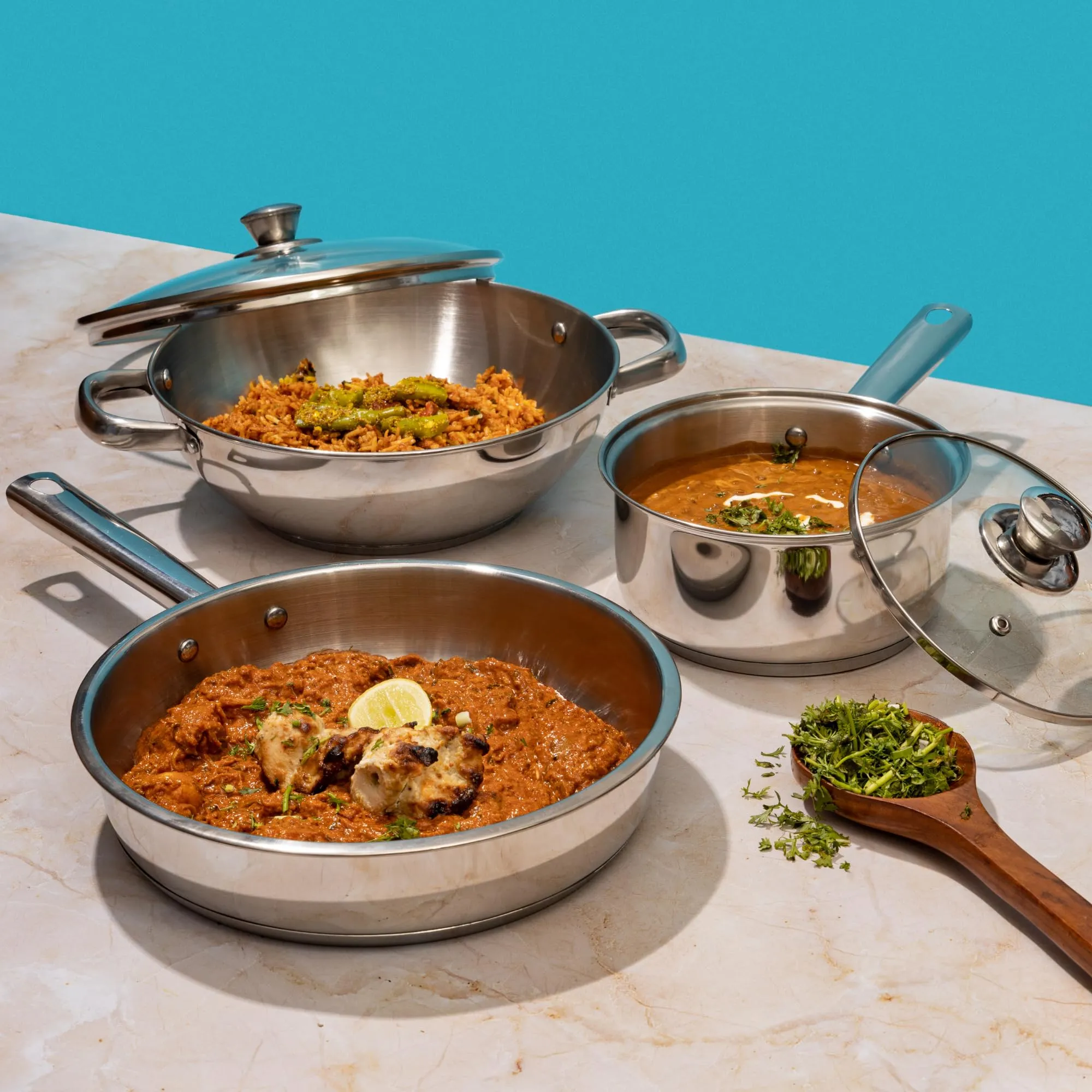 Vinod Modena Stainless Steel Cookware Set of 3 | 2.7 litre Kadhai and 1.5 litre Saucepan with Glass Lid, 24 cm Frypan | Mirror Finish | Induction Base | 2 Year Warranty