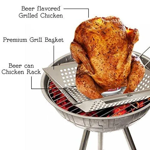 Yukon Glory 2 Piece BBQ Basket And Chicken Rack Set, 12oz Beer Can Holder, Non Stick Grill Work