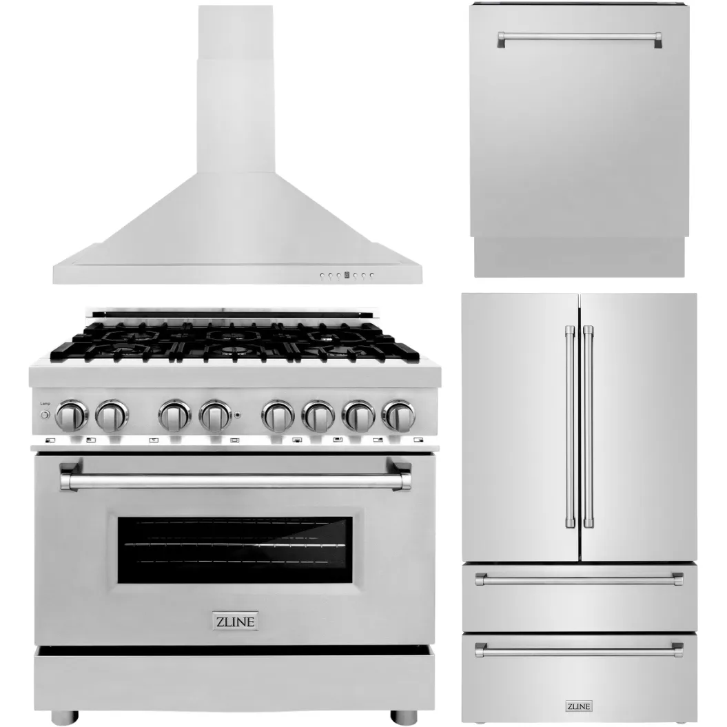 ZLINE Appliance Package - 36 in. Dual Fuel Range, Range Hood, 3 Rack Dishwasher, Refrigerator, 4KPR-RARH36-DWV