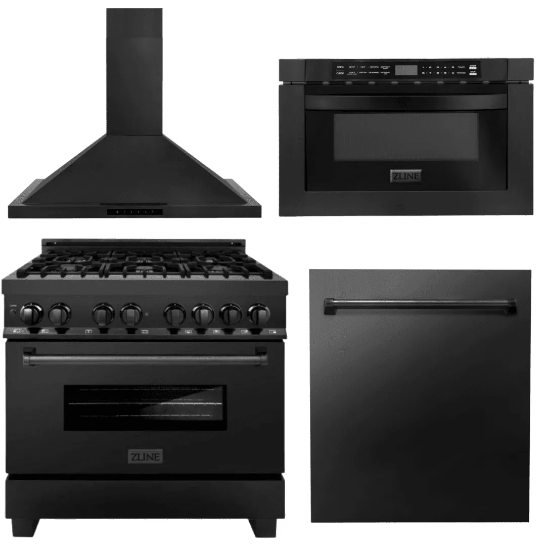 ZLINE Appliance Package - 36 in. Dual Fuel Range, Range Hood, Microwave, Dishwasher in Black Stainless Steel, 4KP-RABRBRH36-MWDW